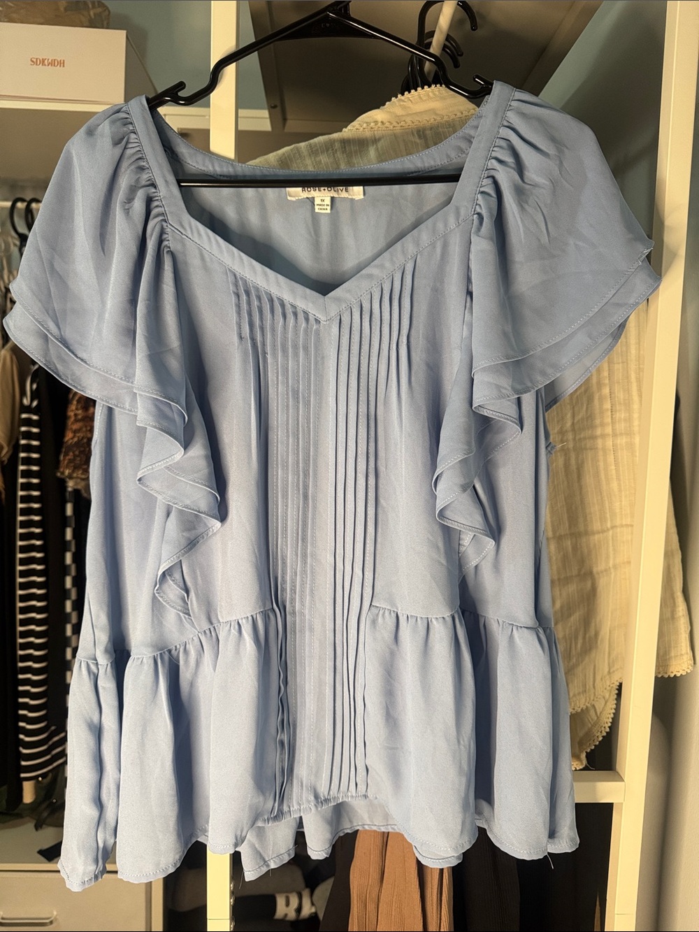 Rose and Olive Pale Blue Pintuck Peplum Ruffle Top